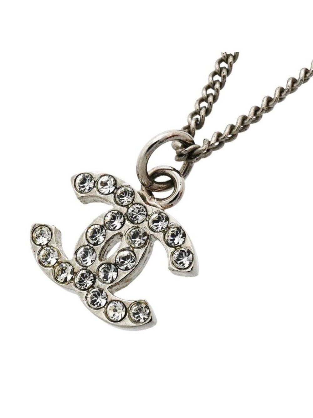Chanel Necklace CC Logo Metal Rhinestone Silver
